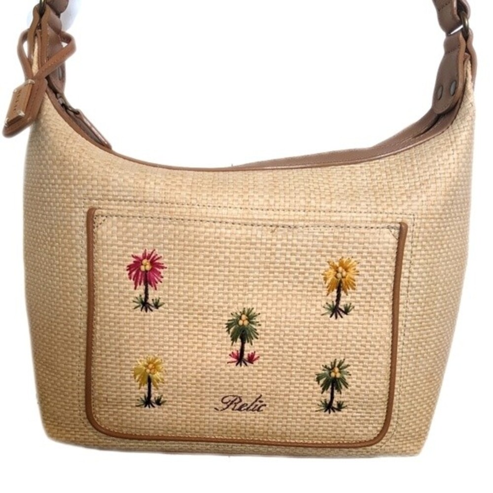 Relic Beige Woven Shoulder Bag with Floral Embroidery